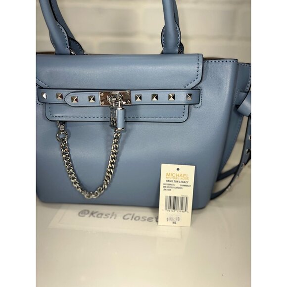 Michael Kors satchel hamilton legacy small studded leather belted purse chambray - Picture 8 of 12